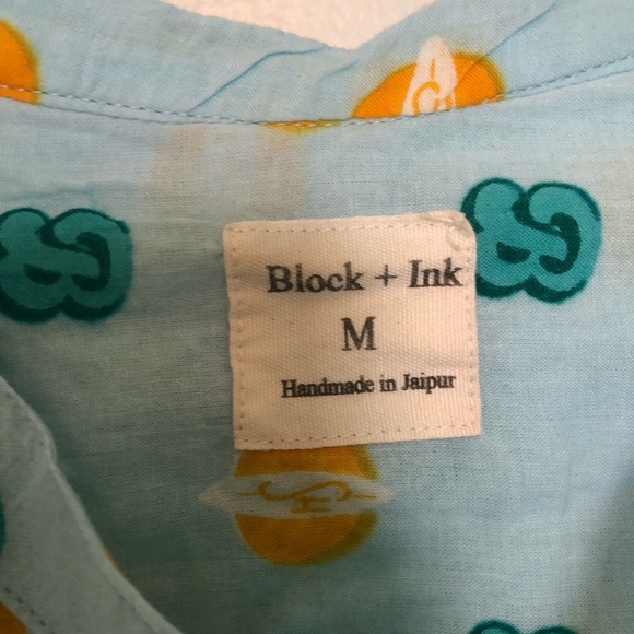 Block + Ink Button Up Shirt Band Collar Blue Medium - Picture 4 of 6